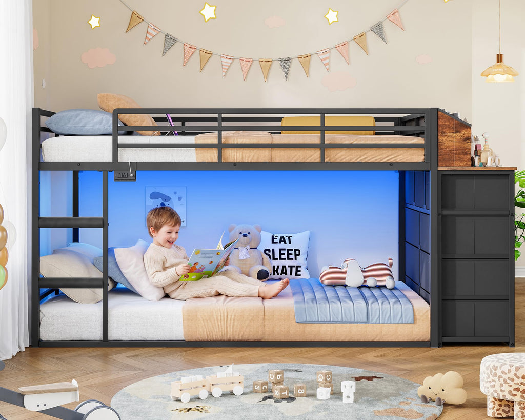 Twin Over Twin Metal Bunk Bed with Storage & LED Lights Y407