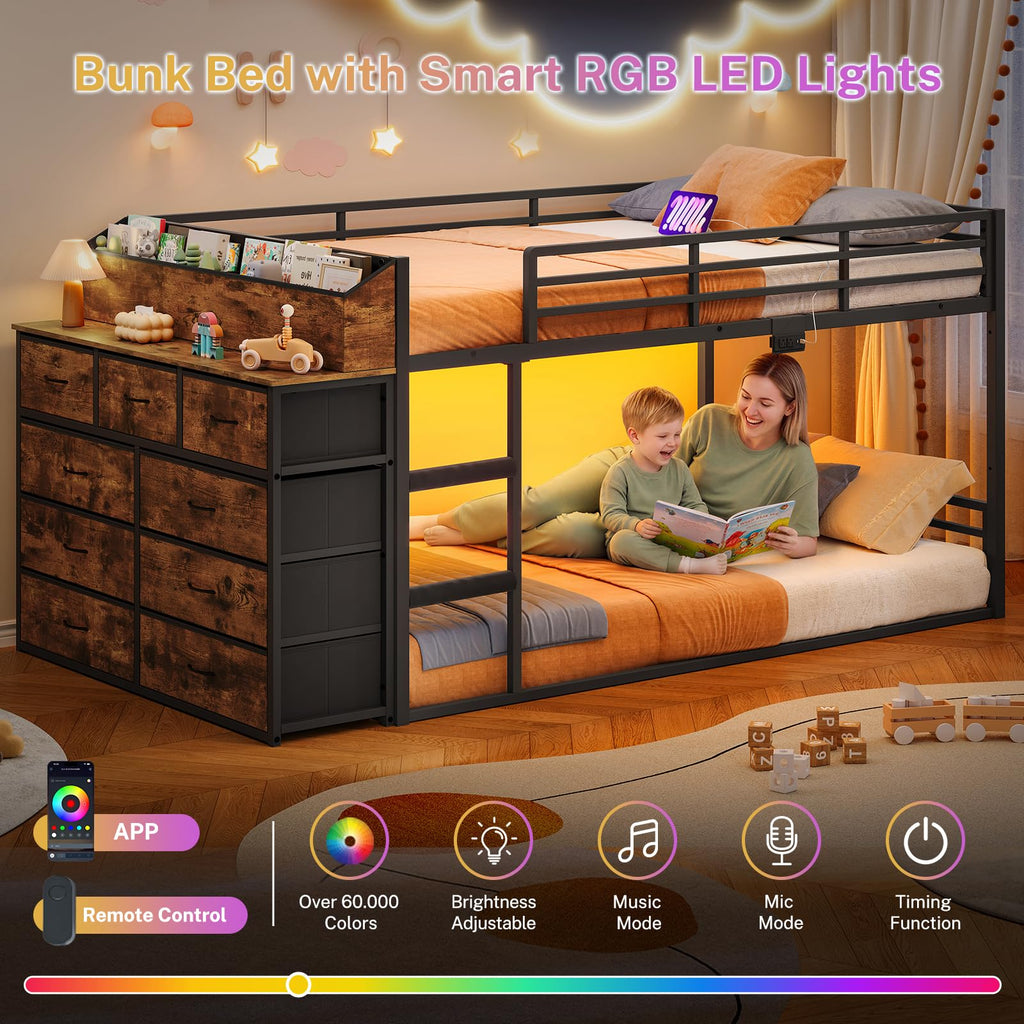 Twin Over Twin Metal Bunk Bed with Storage & LED Lights Y407