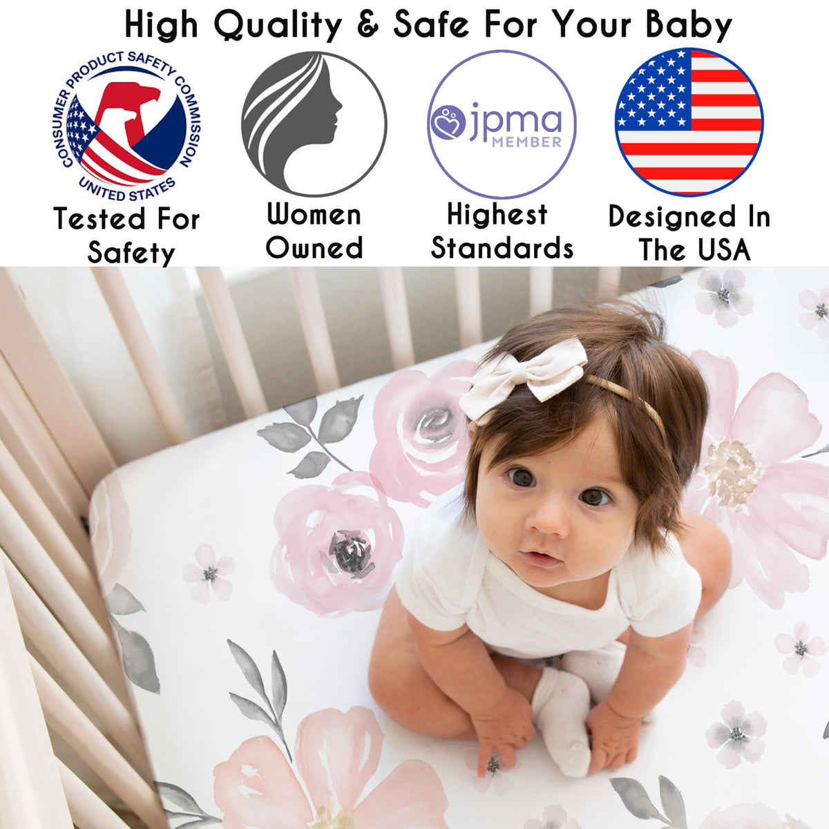 3-Piece Baby Crib Sheets Set Pink Floral Fitted Standard Size Y53547