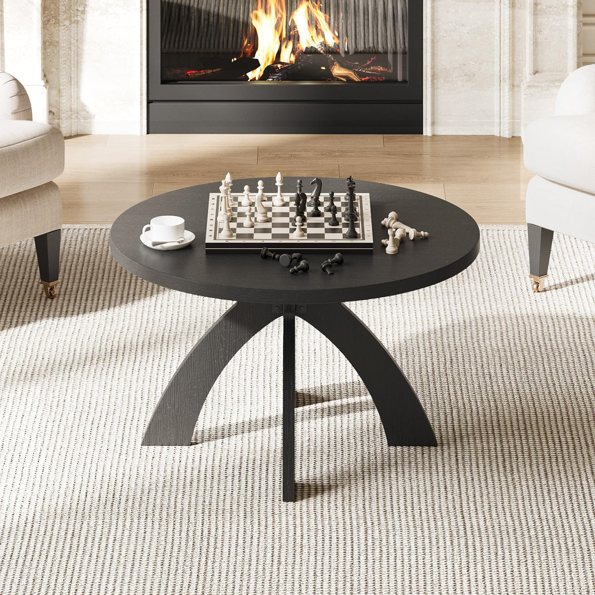 31.5" Round Wood Coffee Table with Cross Legs, Black T9468
