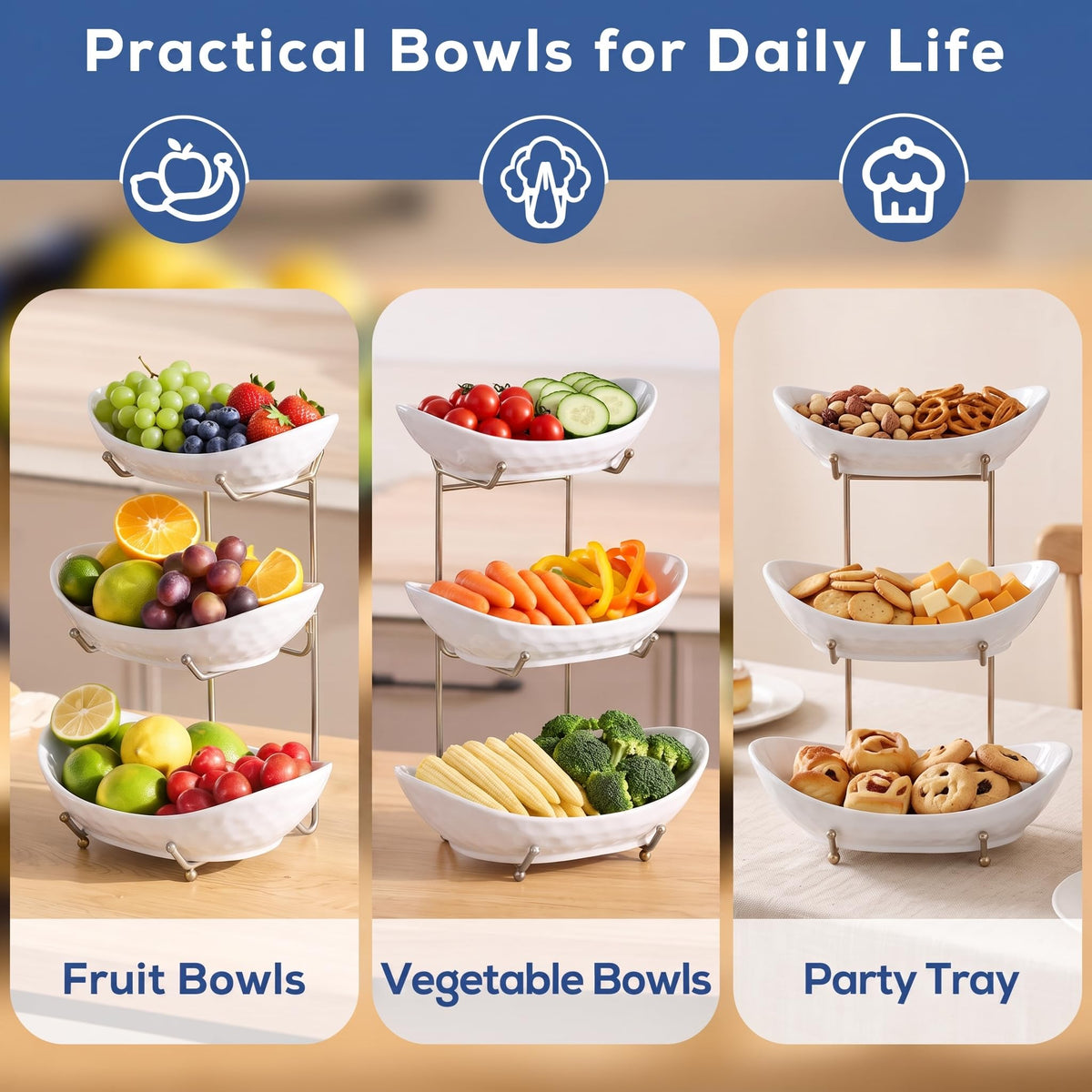 3 Tier Ceramic Fruit Bowl with Metal Rack Z552554