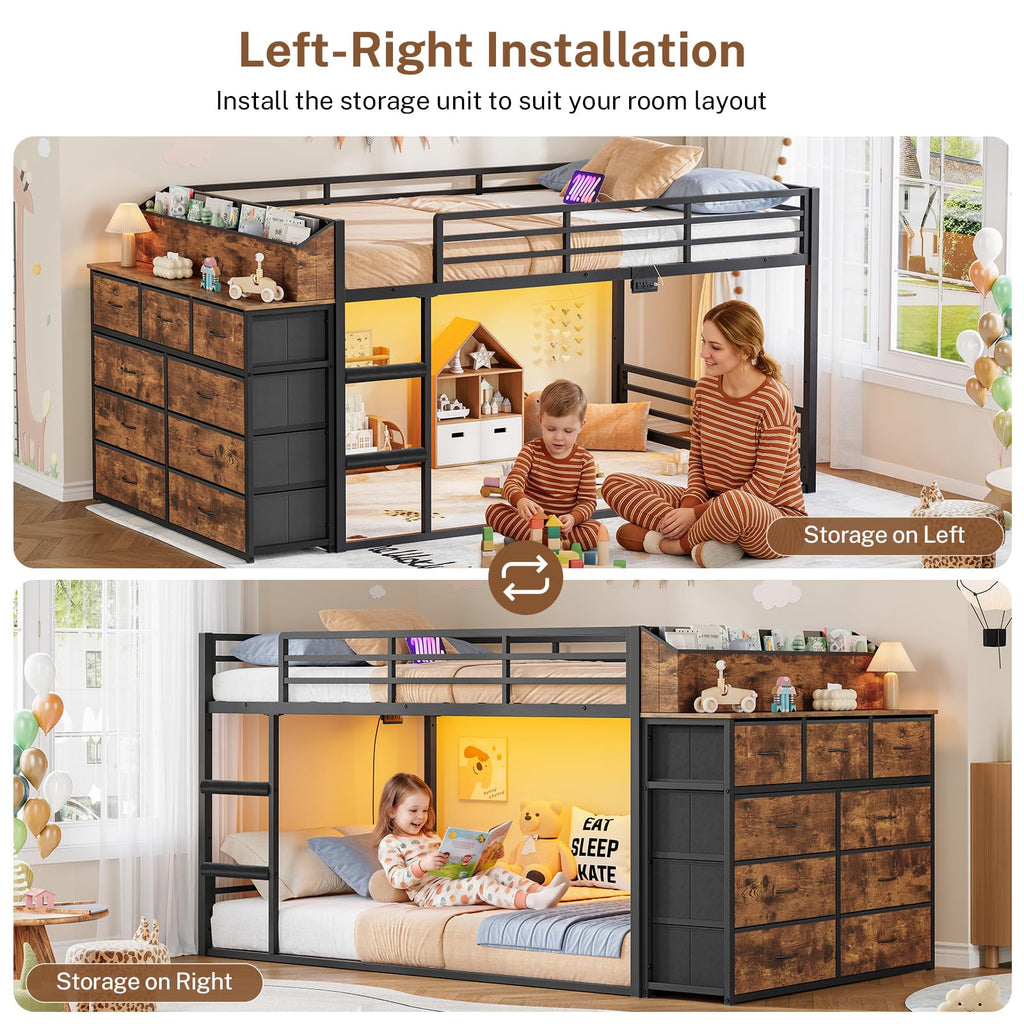 Twin Over Twin Metal Bunk Bed with Storage & LED Lights Y407