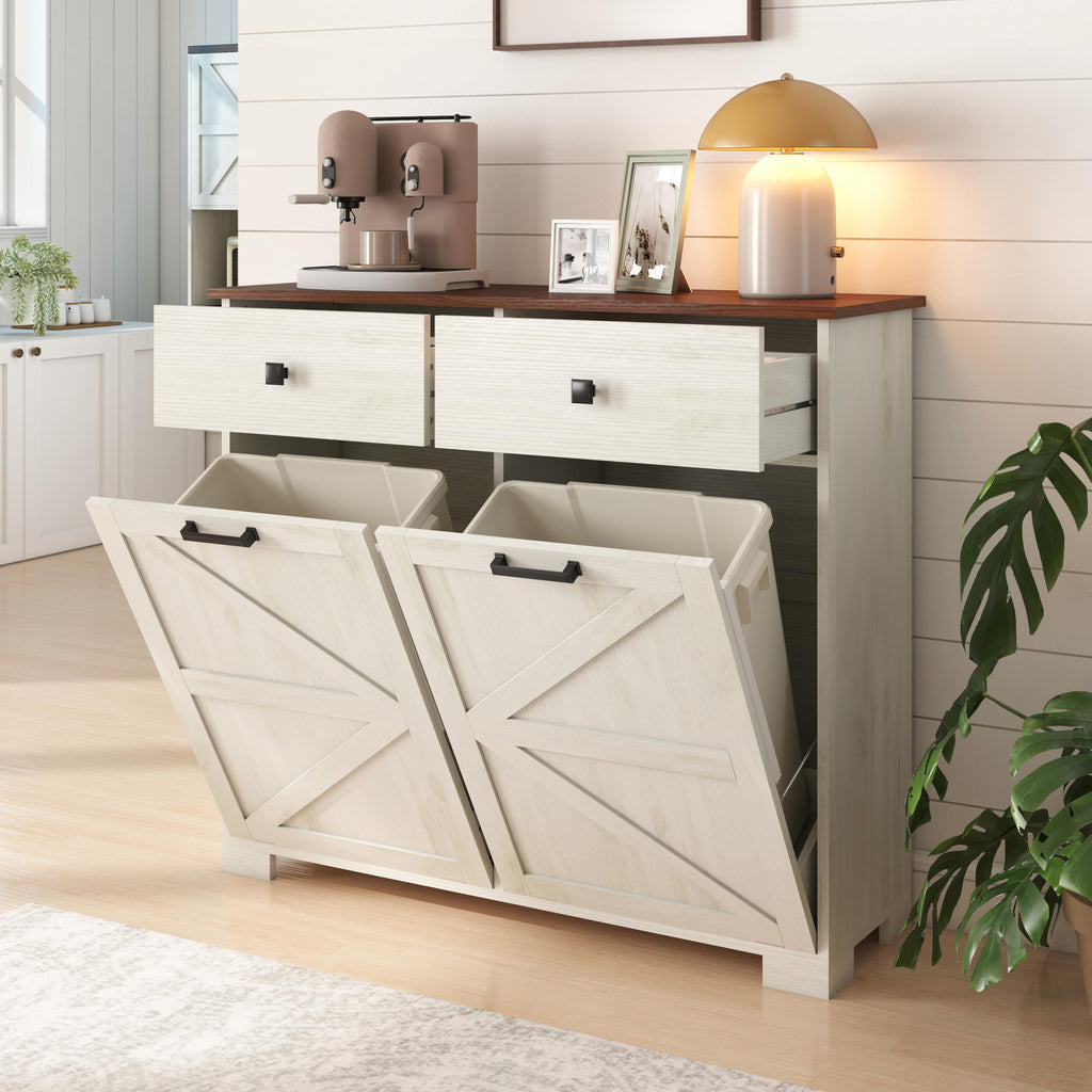Antique White Wooden Tilt Out Trash Cabinet with 2 Storage Drawers A8124