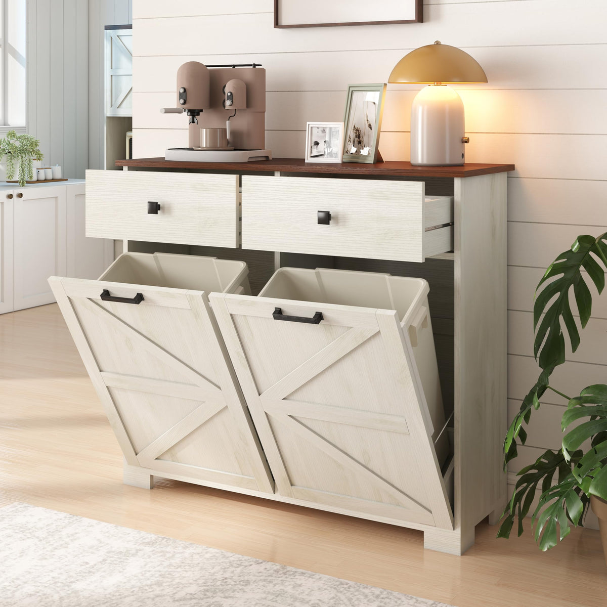 Antique White Wooden Tilt Out Trash Cabinet with 2 Storage Drawers A8124
