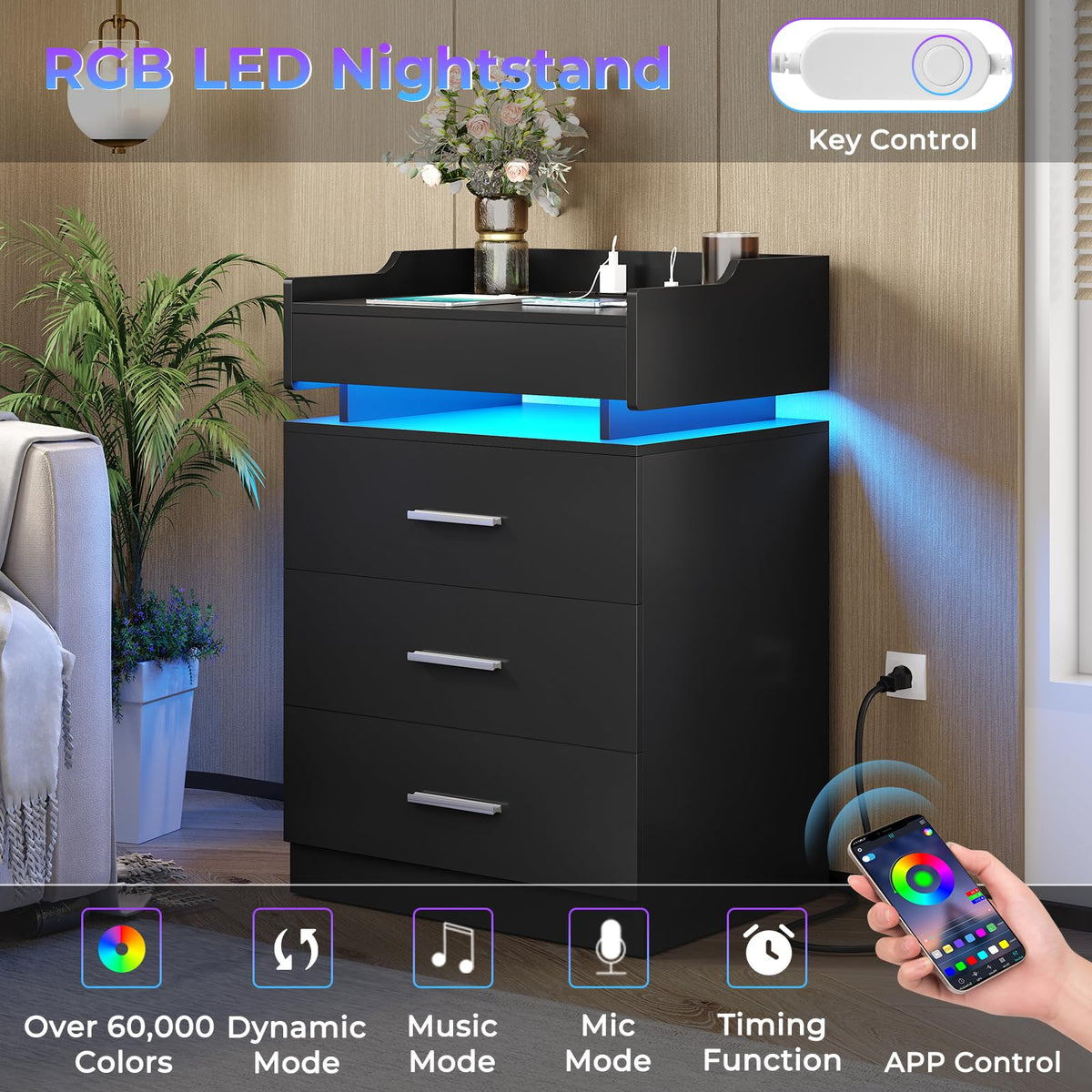 Black 3 Drawer Nightstand with Charging Station and LED Lights E6243