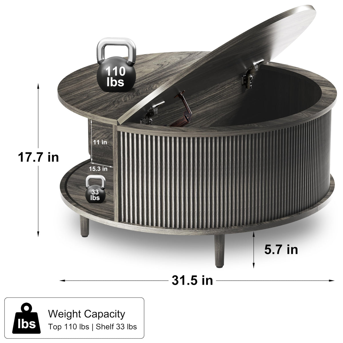 Round Coffee Table, 31.5" Lift-Top with Storage, Grey Y428364