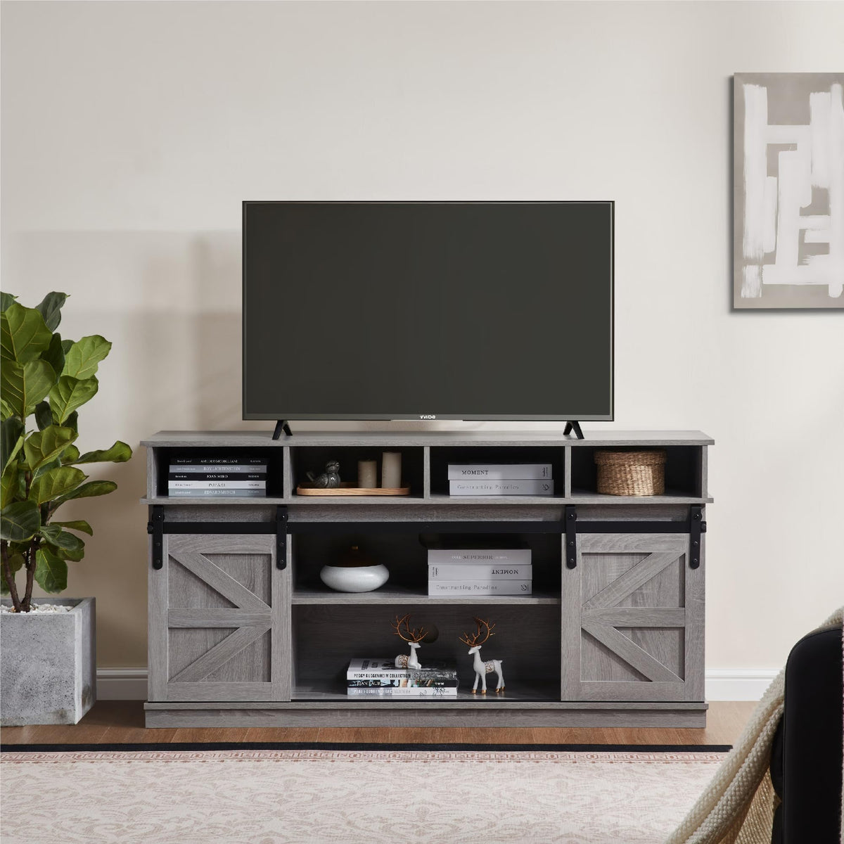 58" Grey Wood TV Stand with Sliding Barn Doors F601