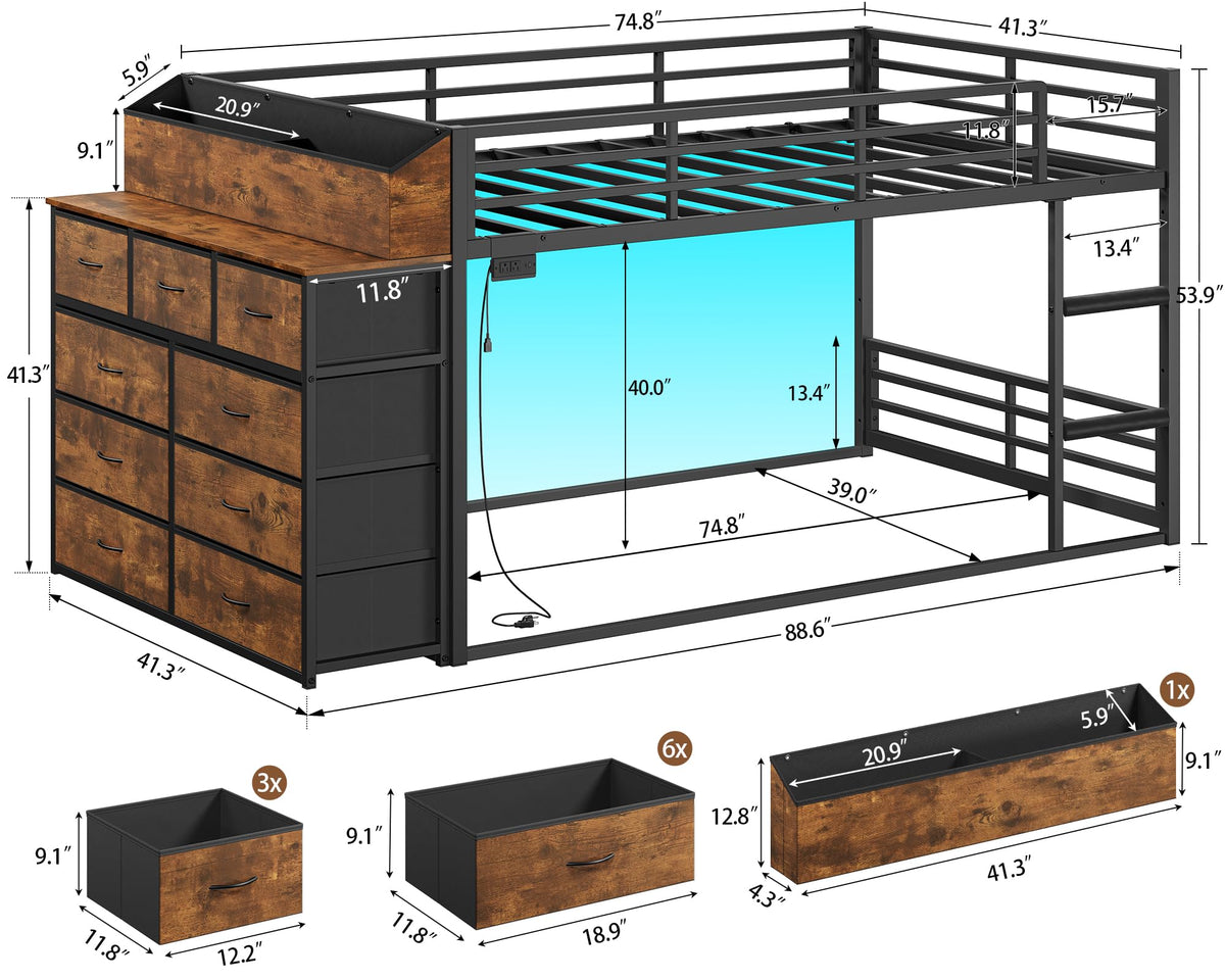 Twin Over Twin Metal Bunk Bed with Storage & LED Lights Y407