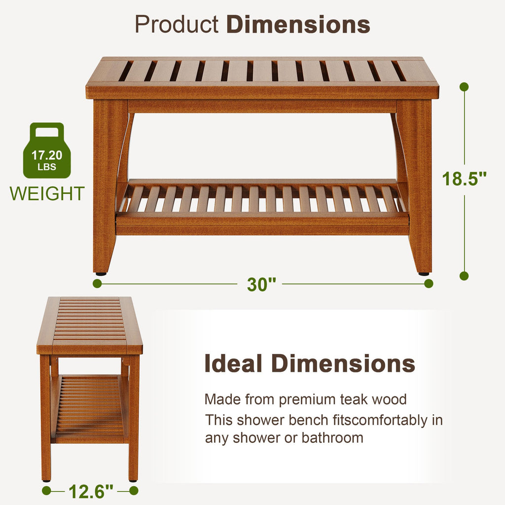 30" Solid Teak Shower Bench with Storage Shelf D414