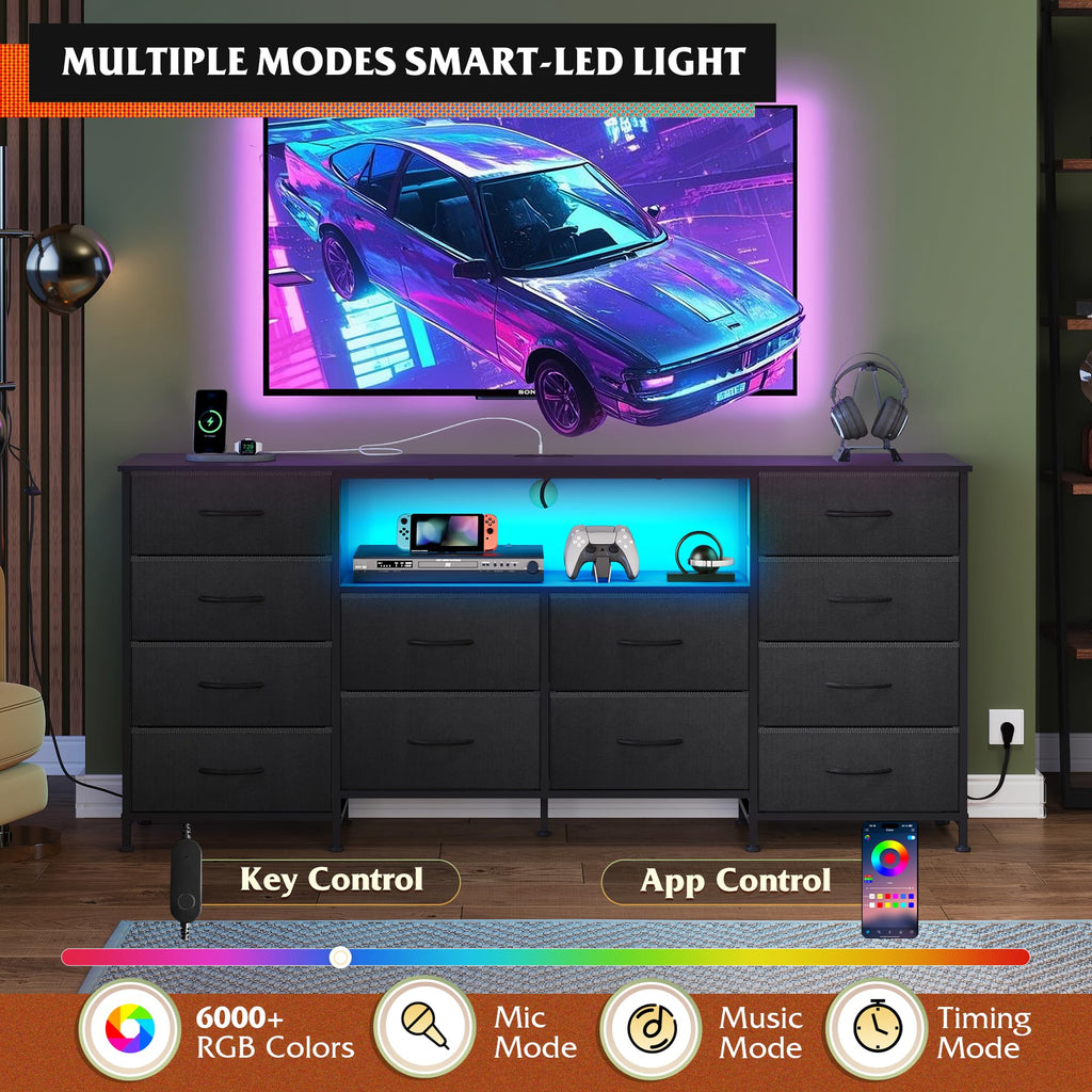Black 12 Drawer LED Dresser TV Stand F654
