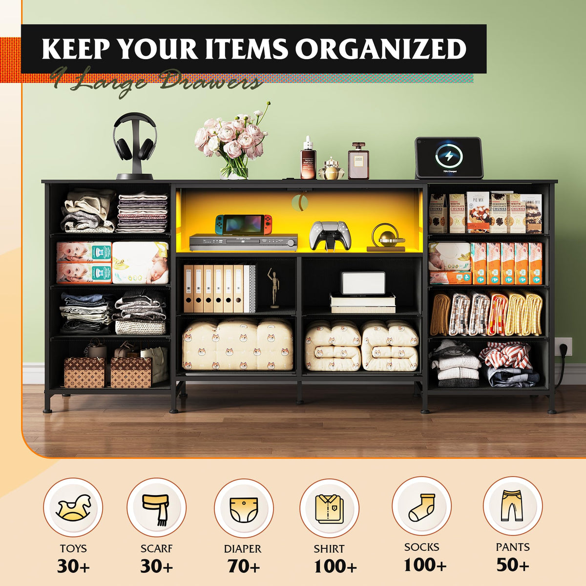 Black 12 Drawer LED Dresser TV Stand F654
