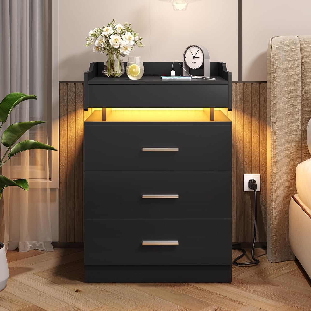 Black 3 Drawer Nightstand with Charging Station and LED Lights E6243