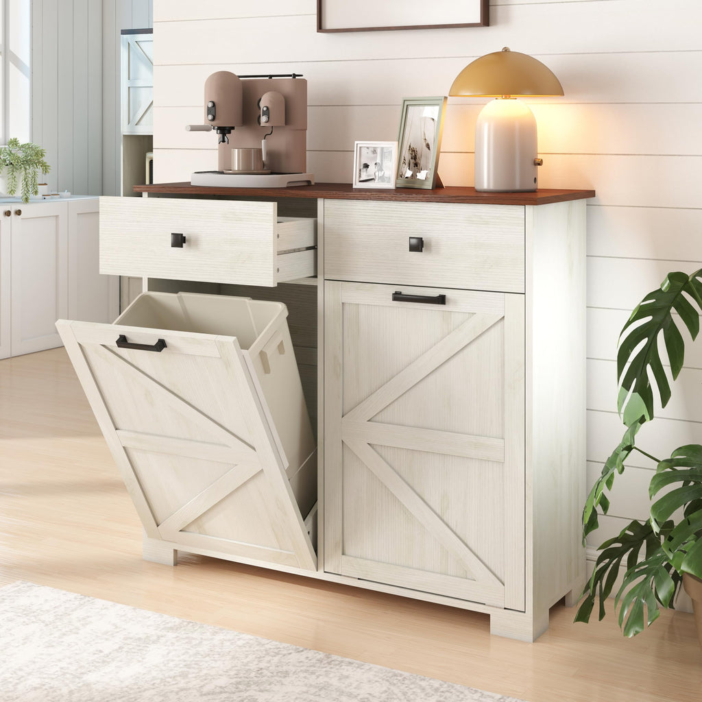 Antique White Wooden Tilt Out Trash Cabinet with 2 Storage Drawers A8124