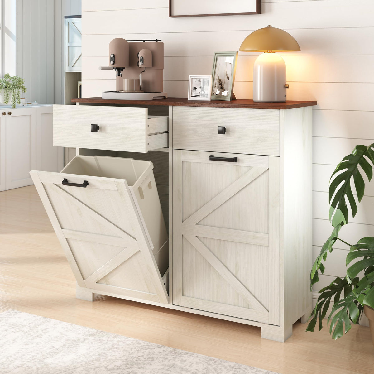 Antique White Wooden Tilt Out Trash Cabinet with 2 Storage Drawers A8124