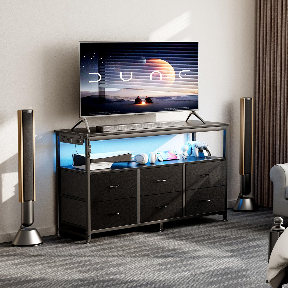 Black Dresser TV Stand with 6 Fabric Drawers K567450