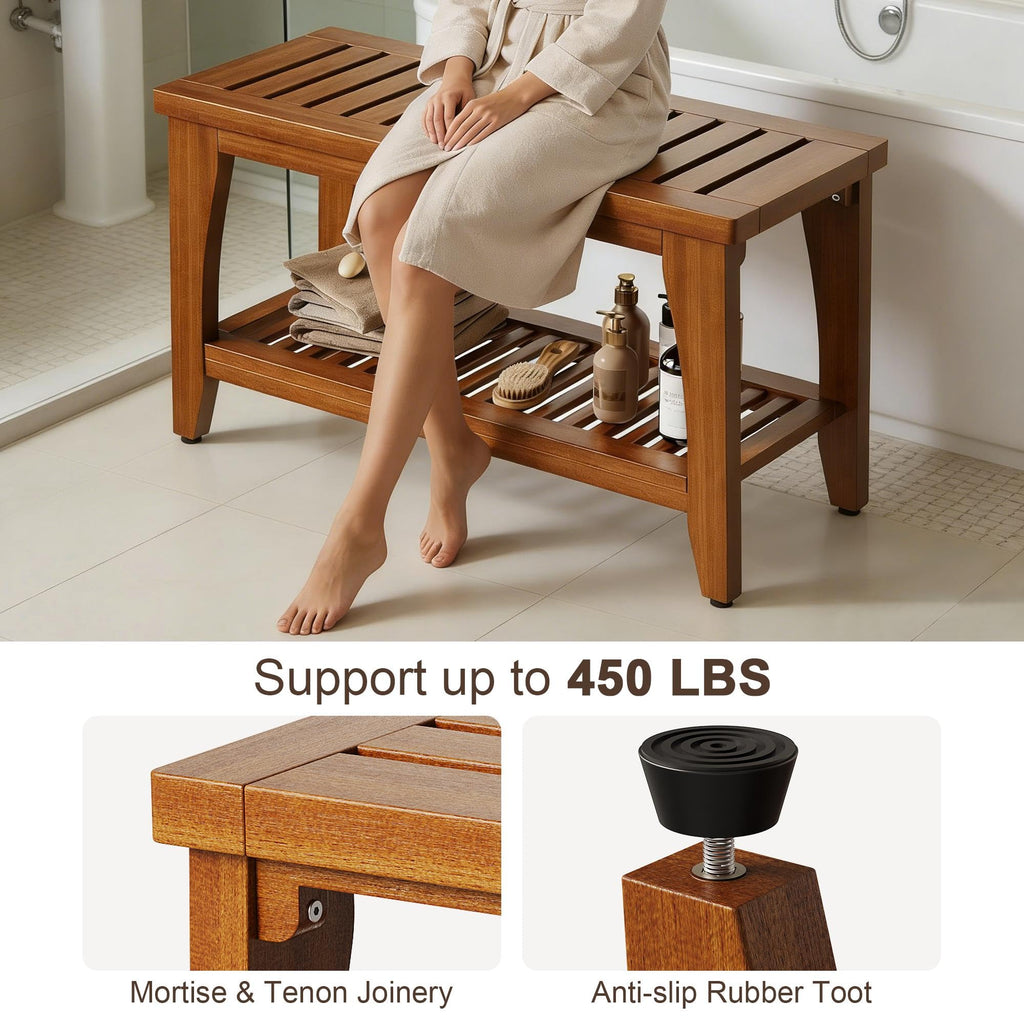 30" Solid Teak Shower Bench with Storage Shelf D414