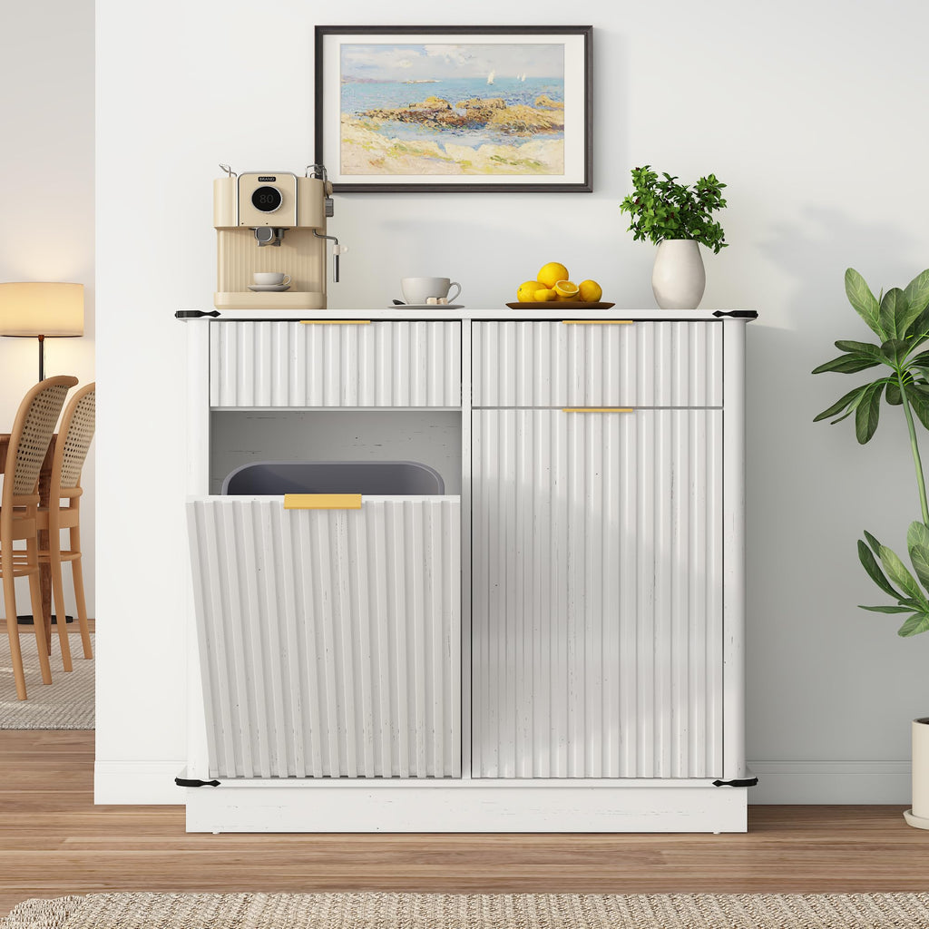 White 20 Gallon Tilt Out Trash Cabinet with Charging Station and 2 Drawers U2441