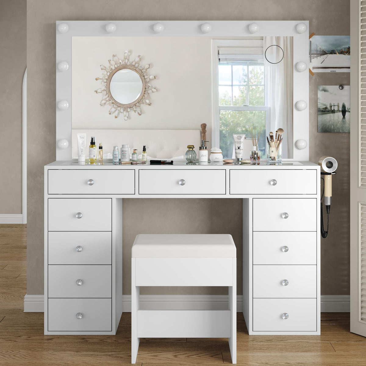 White Vanity Desk with Mirror and Chair B667
