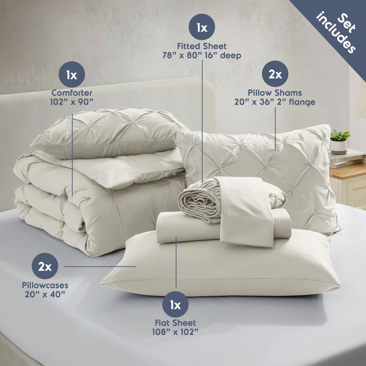 Off White Pinch Pleated 9 Piece King Comforter Set A123
