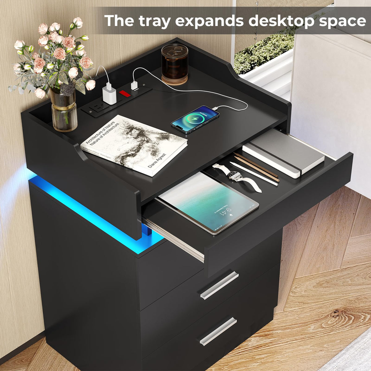 Black 3 Drawer Nightstand with Charging Station and LED Lights E6243