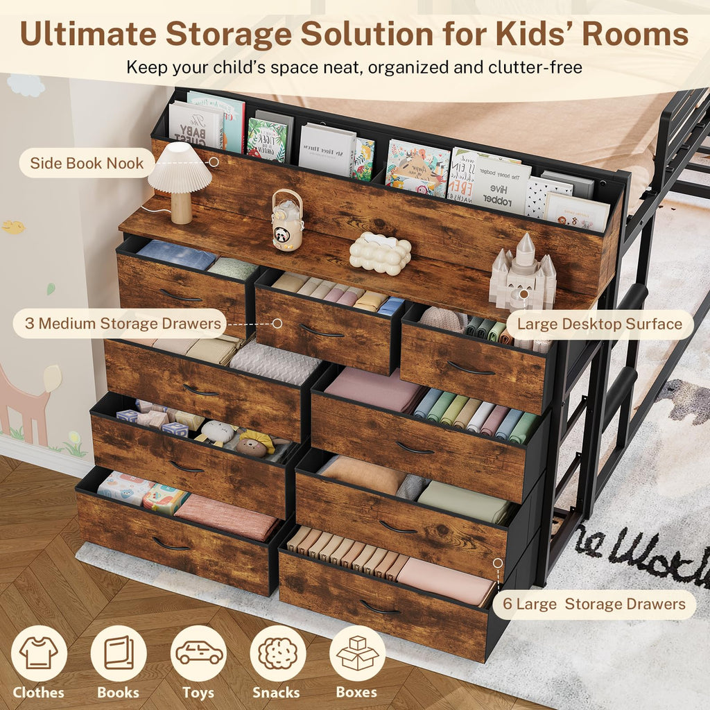 Twin Over Twin Metal Bunk Bed with Storage & LED Lights Y407