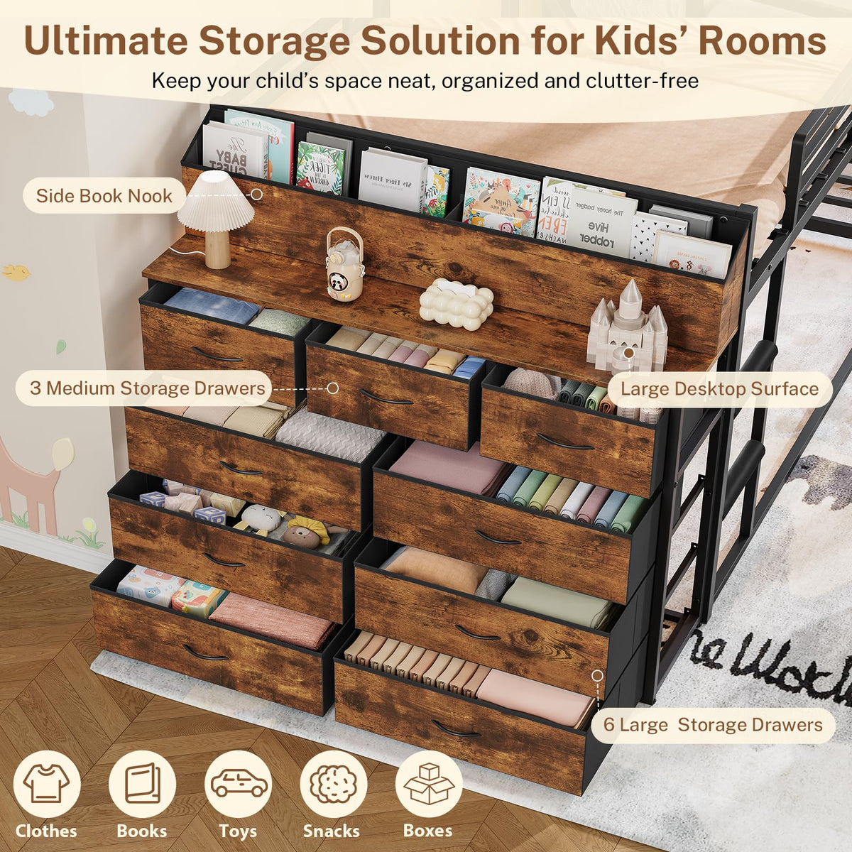 Twin Over Twin Metal Bunk Bed with Storage & LED Lights Y407