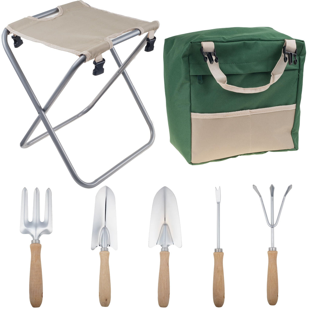 Folding Garden Stool with Tool Bag and 5 Garden Tools H97428