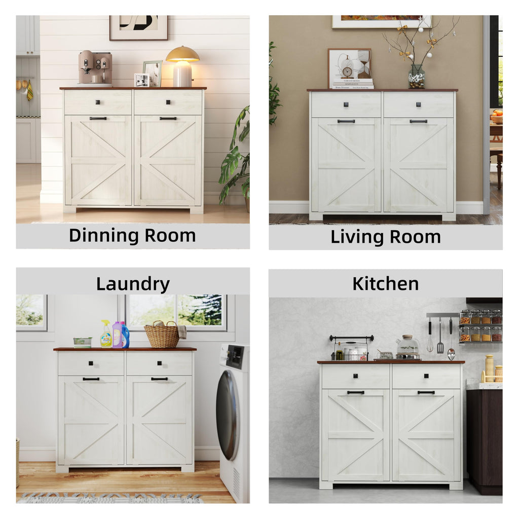 Antique White Wooden Tilt Out Trash Cabinet with 2 Storage Drawers A8124