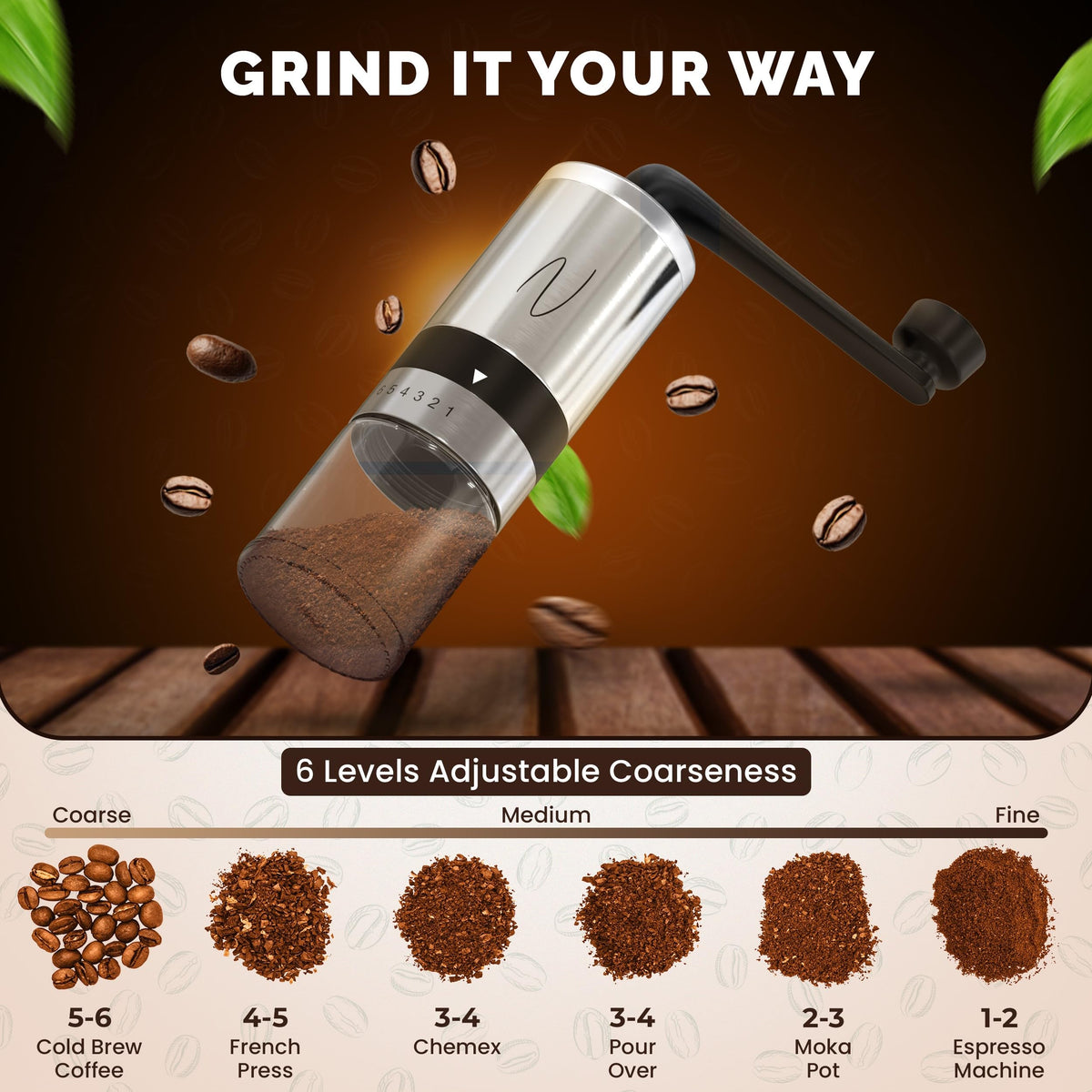 Manual Stainless Steel Hand Crank Burr Coffee Grinder L807355