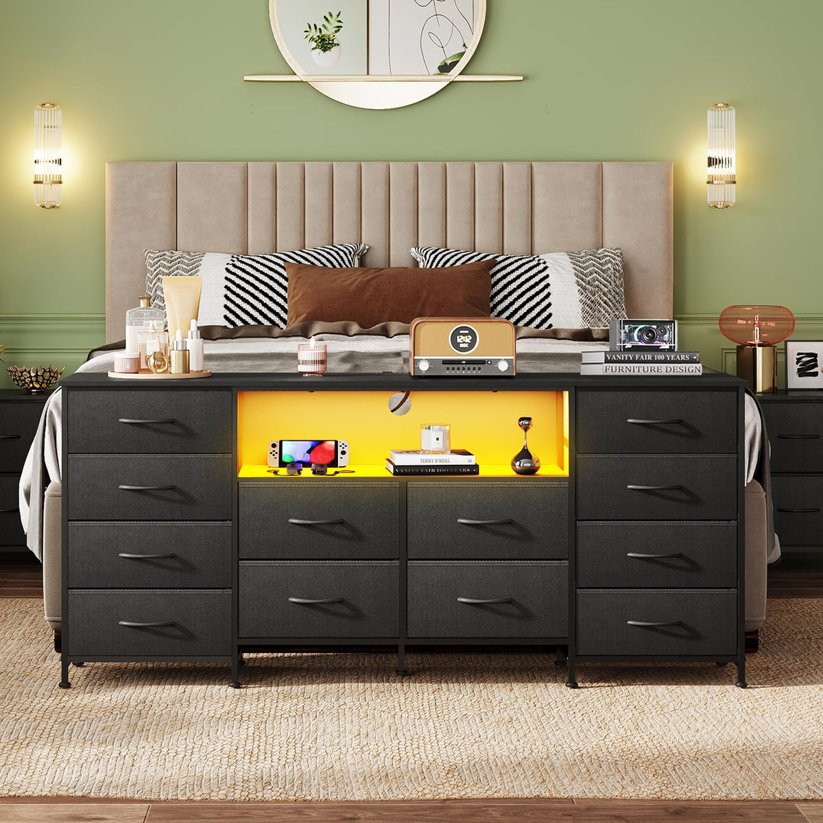 Black 12 Drawer LED Dresser TV Stand F654