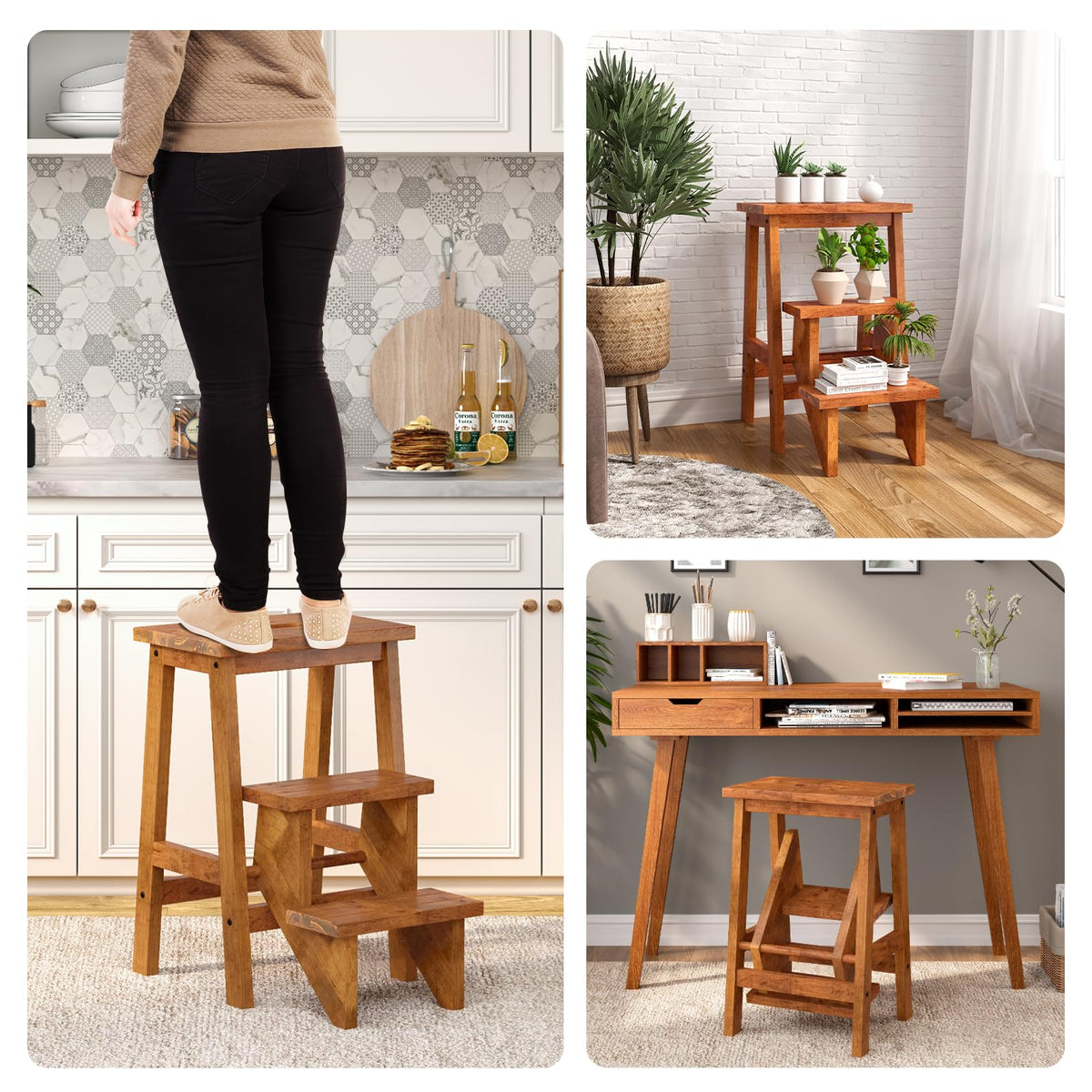 3 Tier Wood Step Ladder with Anti-Slip W334153