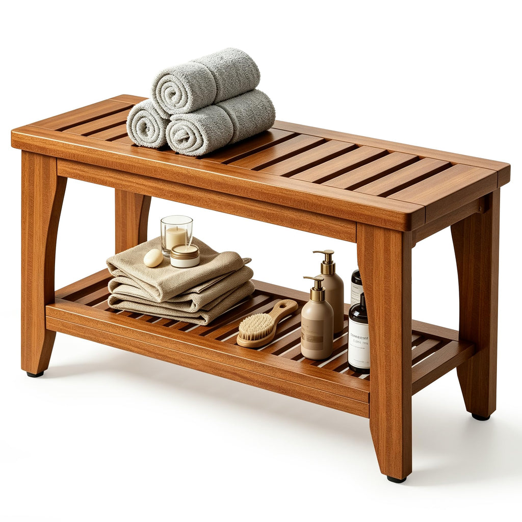 30" Solid Teak Shower Bench with Storage Shelf D414