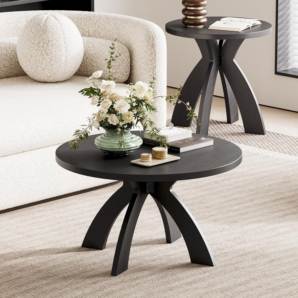 31.5" Round Wood Coffee Table with Cross Legs, Black T9468