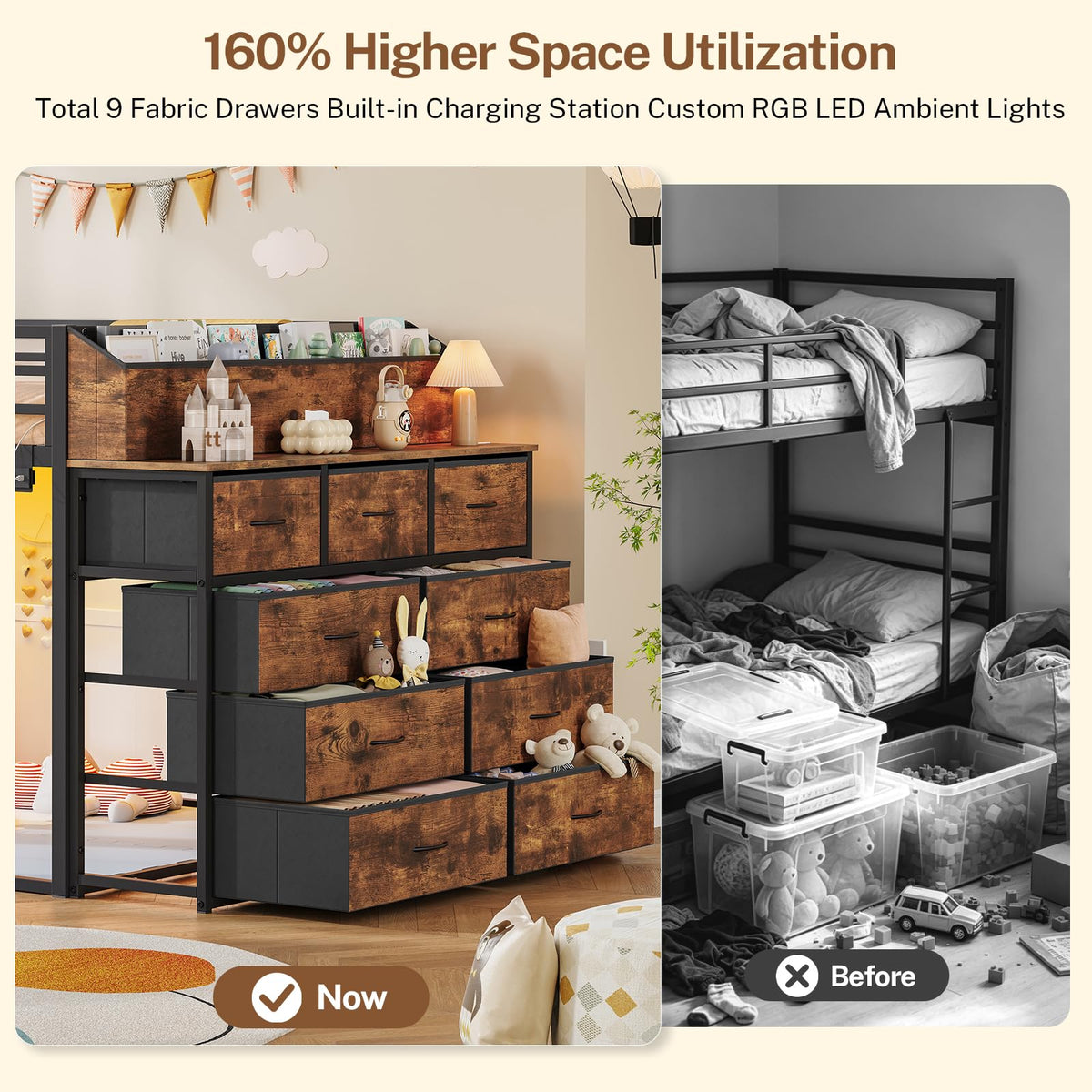 Twin Over Twin Metal Bunk Bed with Storage & LED Lights Y407