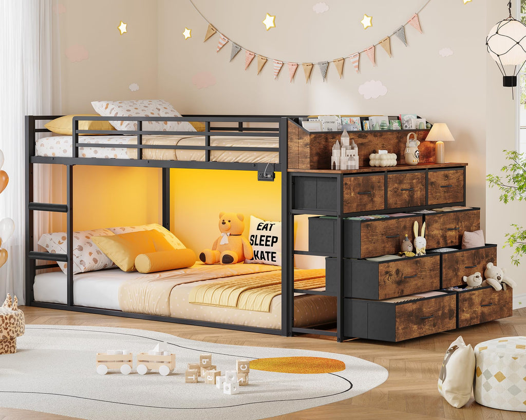 Twin Over Twin Metal Bunk Bed with Storage & LED Lights Y407