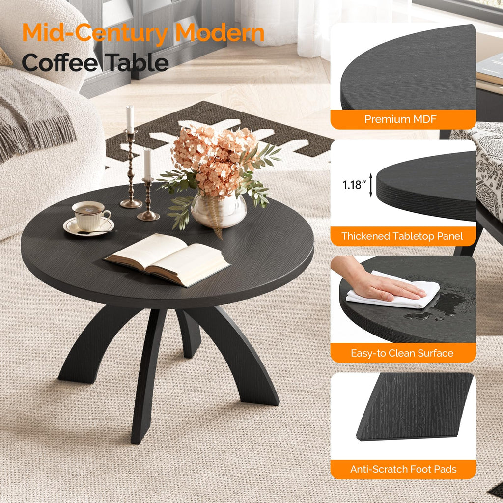 31.5" Round Wood Coffee Table with Cross Legs, Black T9468