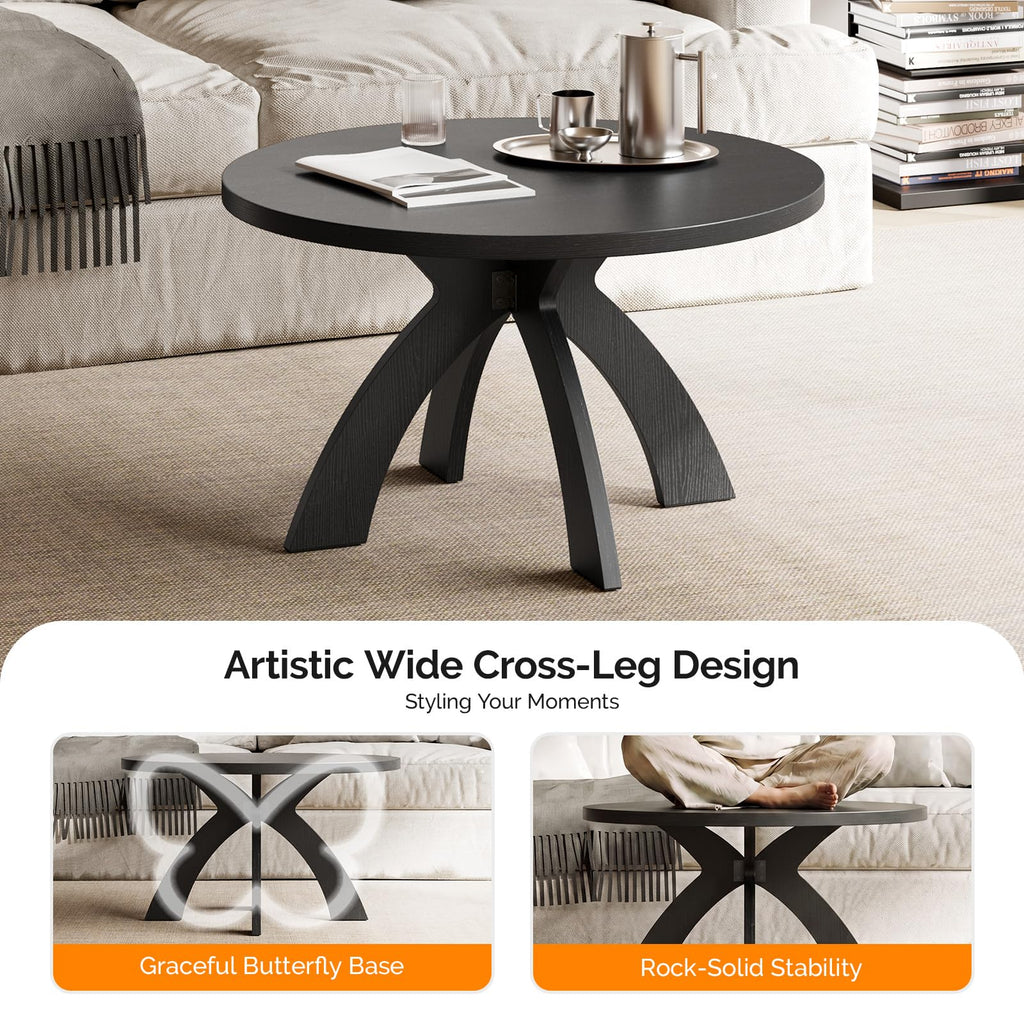31.5" Round Wood Coffee Table with Cross Legs, Black T9468