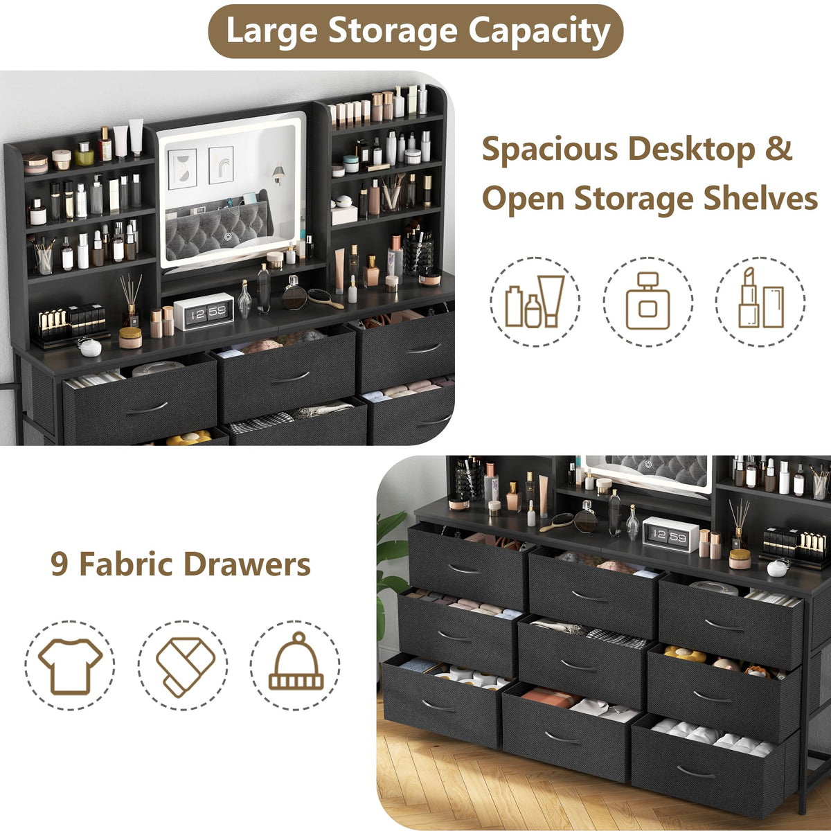 9 Drawer Dresser with LED Mirror K485