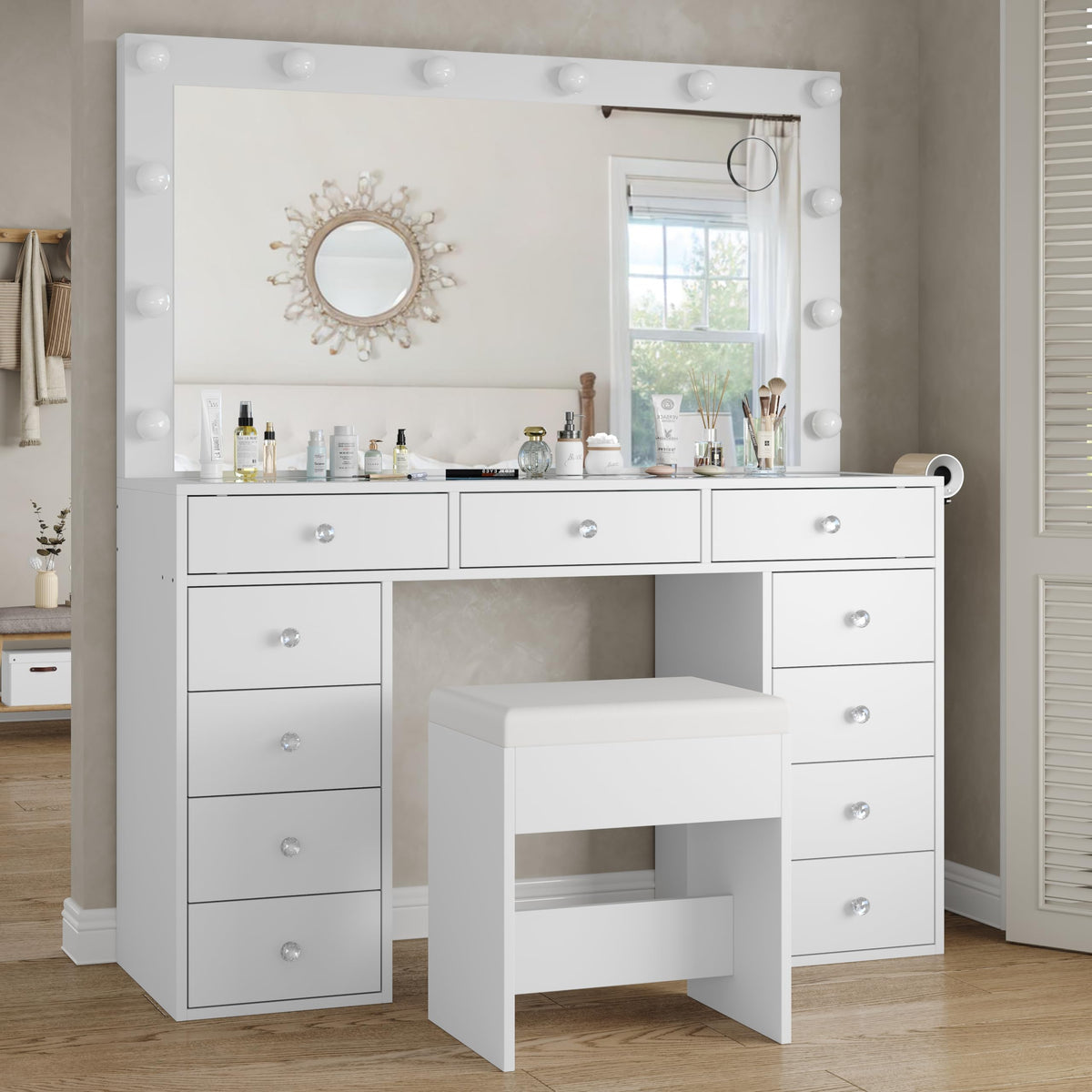 White Vanity Desk with Mirror and Chair B667