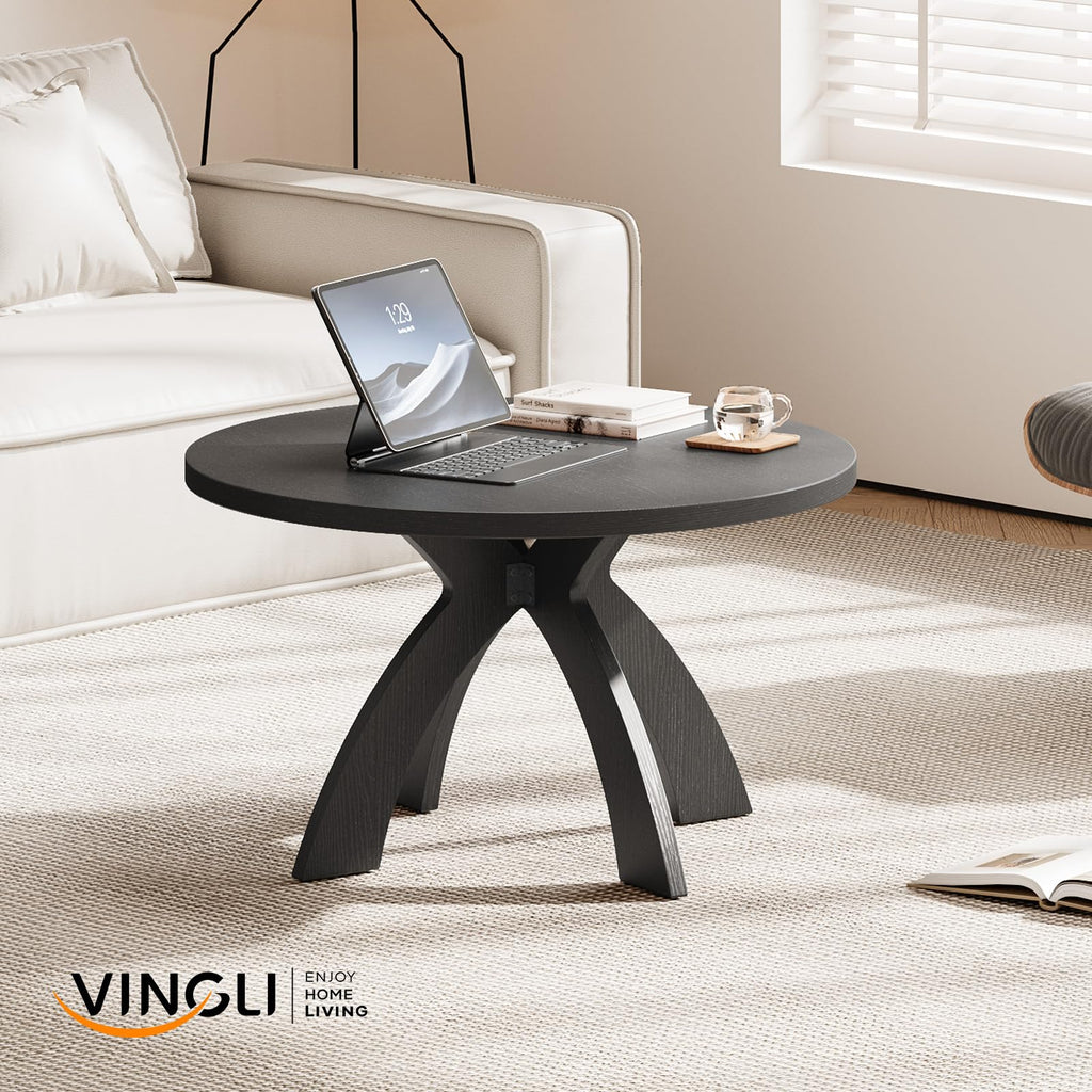 31.5" Round Wood Coffee Table with Cross Legs, Black T9468