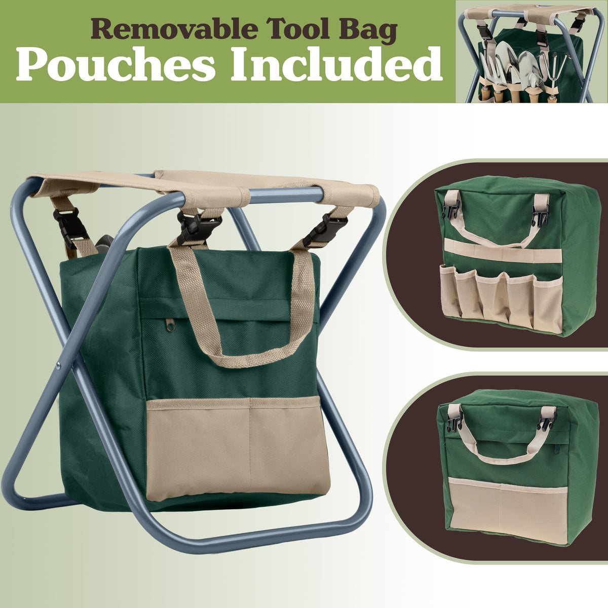 Folding Garden Stool with Tool Bag and 5 Garden Tools H97428