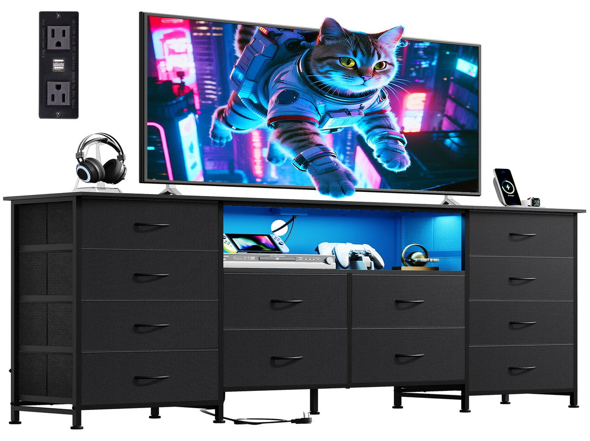 Black 12 Drawer LED Dresser TV Stand F654