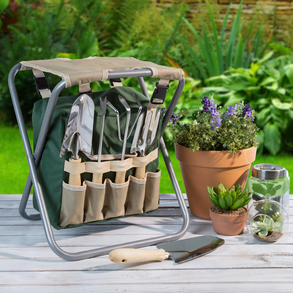 Folding Garden Stool with Tool Bag and 5 Garden Tools H97428