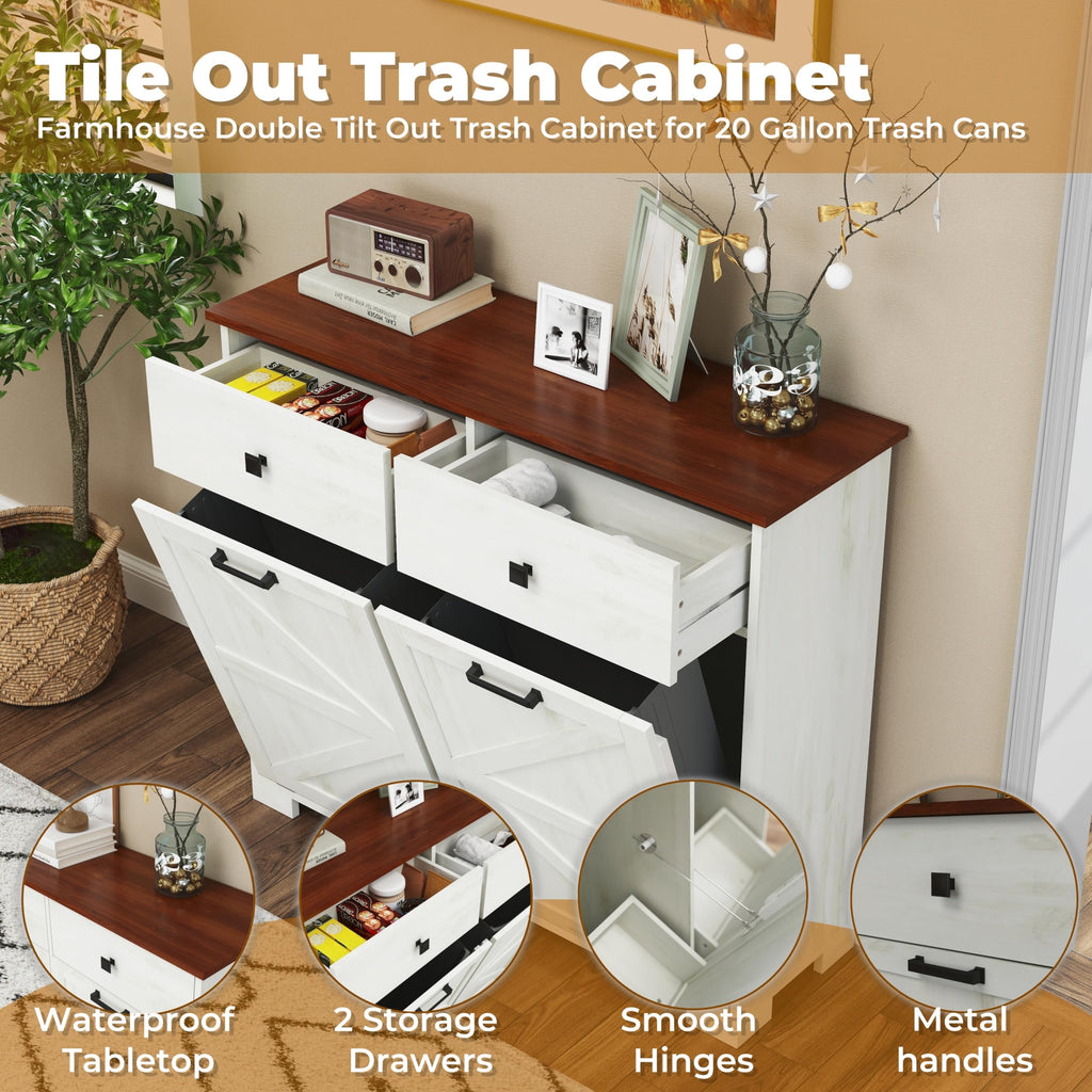 Antique White Wooden Tilt Out Trash Cabinet with 2 Storage Drawers A8124