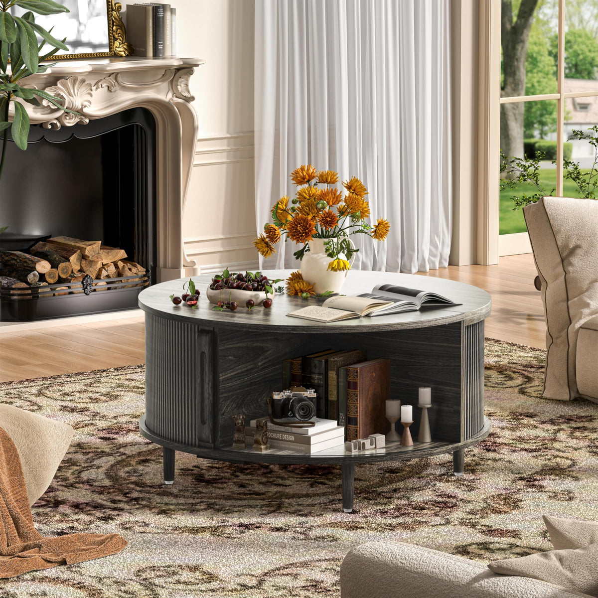 Round Coffee Table, 31.5" Lift-Top with Storage, Grey Y428364