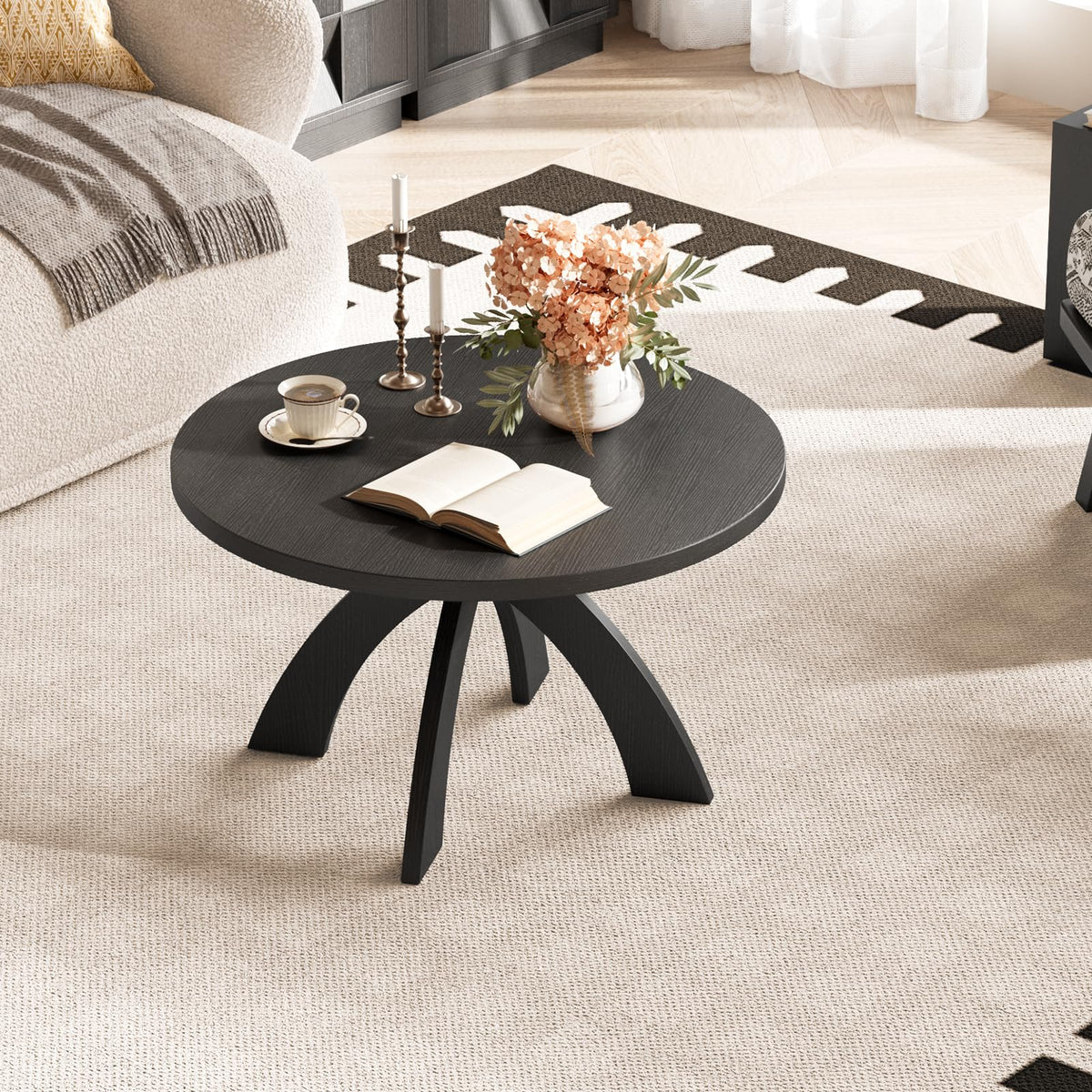 31.5" Round Wood Coffee Table with Cross Legs, Black T9468