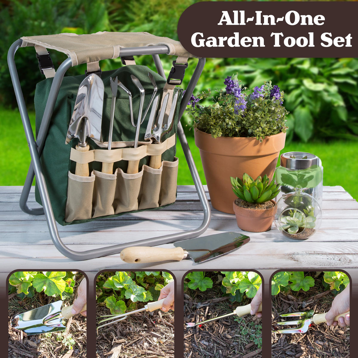 Folding Garden Stool with Tool Bag and 5 Garden Tools H97428