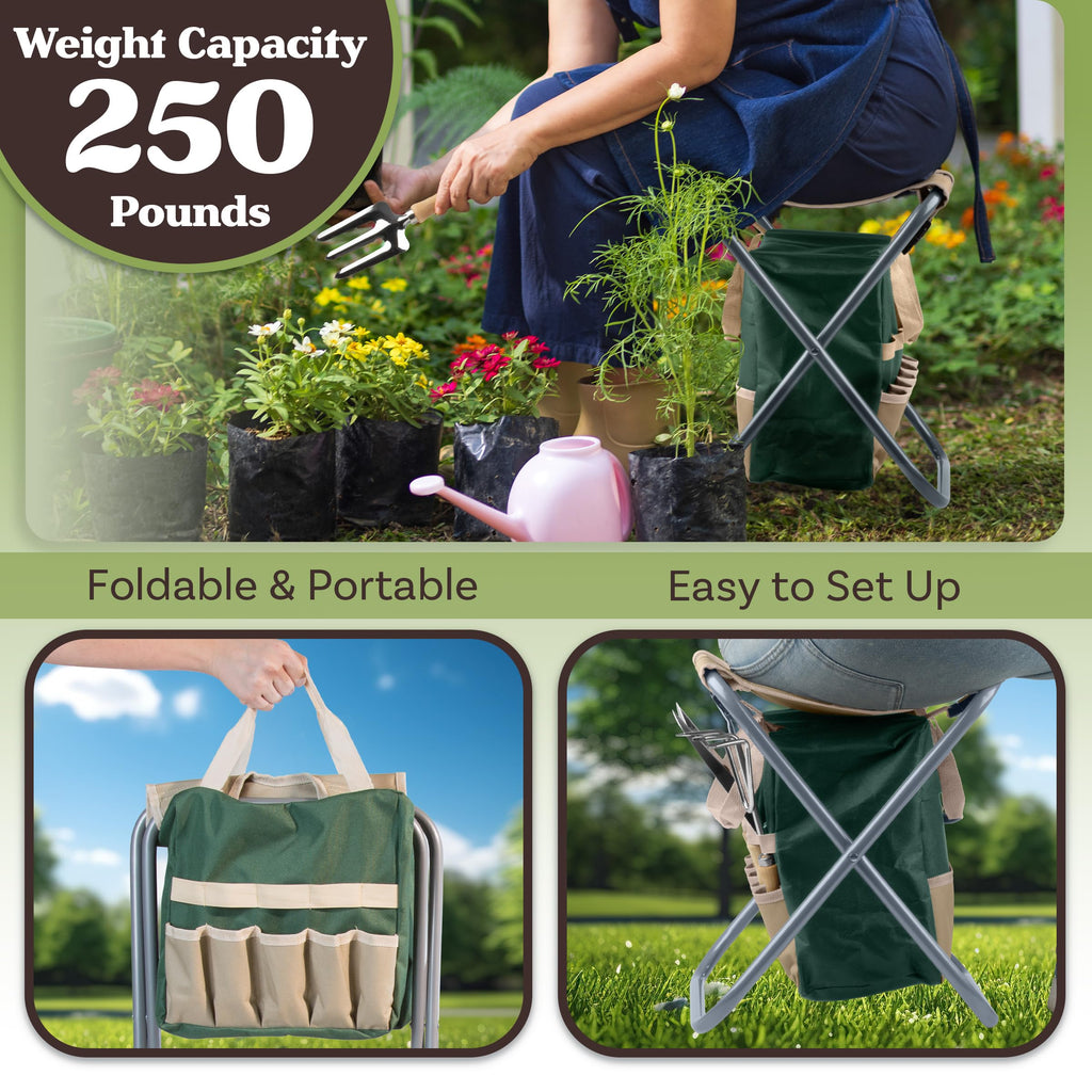 Folding Garden Stool with Tool Bag and 5 Garden Tools H97428
