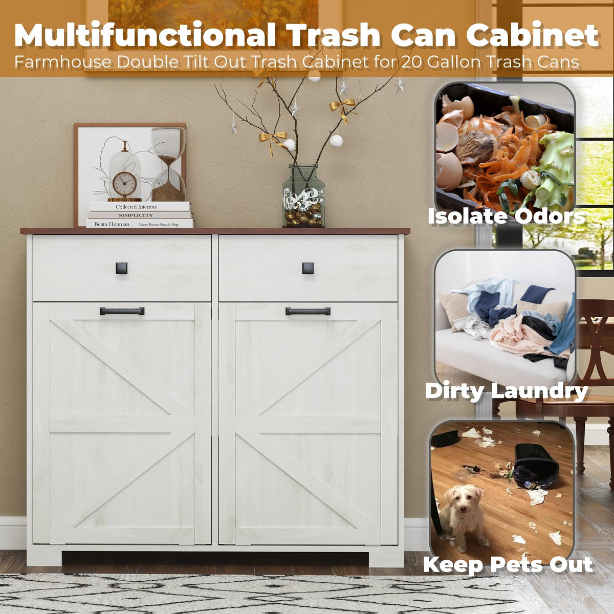 Antique White Wooden Tilt Out Trash Cabinet with 2 Storage Drawers A8124